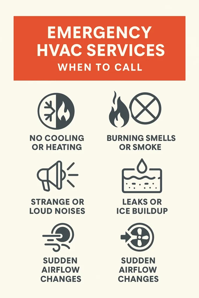 Infographic titled “Emergency HVAC Services: When to Call.” Features six gray icons on a cream background with a red header. Icons represent no cooling or heating, burning smells or smoke, strange or loud noises, leaks or ice buildup, and sudden airflow changes. 